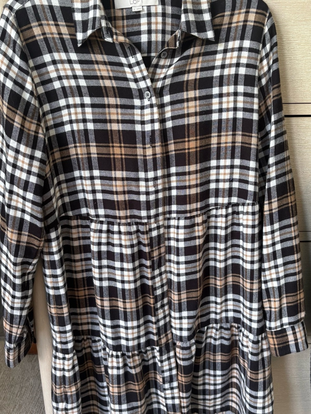 LOFT Black, White and Tan Plaid Button-Front Tunic